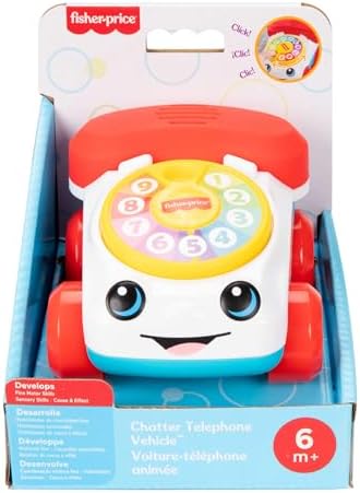 Fisher-Price Carrinho de brinquedo Baby com telefone que fala, empurre e emita sons para estimular o desenvolvimento de bebês a partir de 6 meses, JKD56