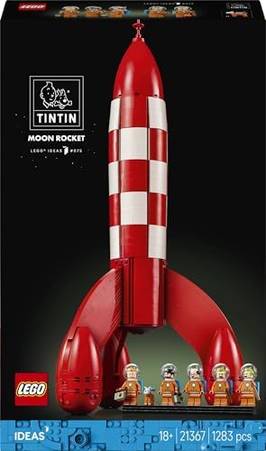 LEGO Ideas Foguete Lunar do Tintim - Kit de Modelo de Nave Espacial para Adultos - Conjunto de Exibição com 5 Minifiguras e Figura do Cão Milu para Decoração de Mesa DIY - Ideia de Presente Nostálgica para Fãs de Quadrinhos - 21367