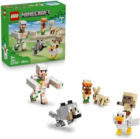 LEGO Minecraft Ataque no Deserto do Cavaleiro Galinha - Brinquedo com 6 figuras, incluindo Golem de Ferro e Lobo Bebê - Decoração para Quarto Infantil - Presente Gamer para Meninos, Meninas e Fãs a partir de 9 Anos - 21592