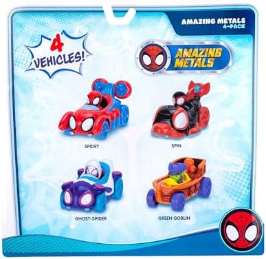 MARVEL Homem-Aranha e Seus Incríveis Amigos Amazing Metals Pacote com 4 - Quatro veículos de metal fundido de 7,6 cm com teias aquáticas e personagens integrados.