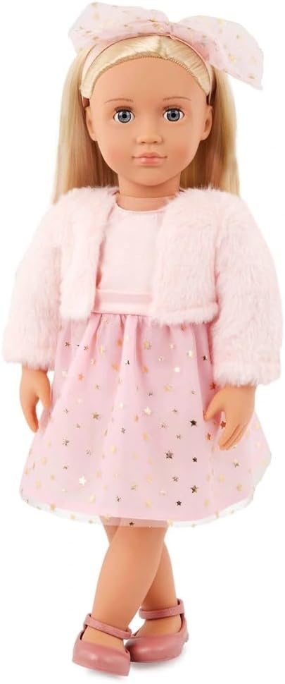 Nossa boneca fashion G Miranda de 45 cm com vestido rosa com estampa de estrelas, jaqueta de pelúcia, laço de cabelo e sapatos.