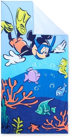 Toalha de praia oficial da Disney Store, estampa do Mickey Mouse em todas as cores, algodão macio, secagem rápida, ideal para piscina e banho infantil, 150 cm de altura x 74 cm de largura.