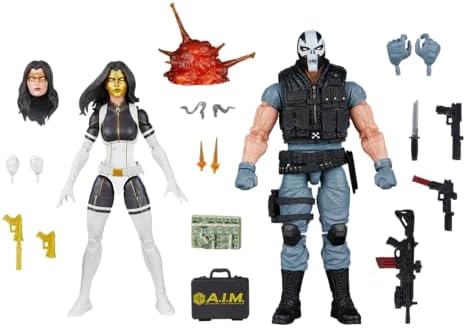Figuras de ação da Madame Máscara e Ossos Cruzados da série Marvel Legends, nas cores dourada, preta e vermelha.