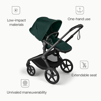 Bugaboo Carrinho de Bebê Fox 5 Renew All-Terrain, 2 em 1, com Suspensão Total, Fácil de Dobrar, Assento Extensível para Crianças, Manobrabilidade com Uma Só Mão, Chassi Preto e Capota Verde Samambaia