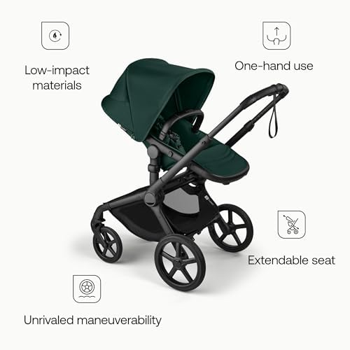Bugaboo Carrinho de Bebê Fox 5 Renew All-Terrain, 2 em 1, com Suspensão Total, Fácil de Dobrar, Assento Extensível para Crianças, Manobrabilidade com Uma Só Mão, Chassi Preto e Capota Verde Samambaia