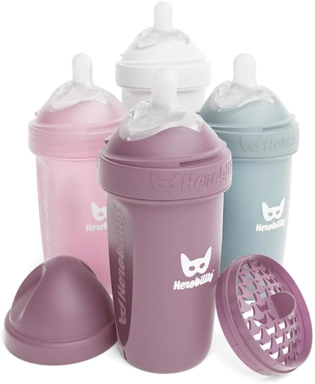 Herobility Mamadeiras anticólicas 240ml - Pacote com 4 mamadeiras de plástico, fluxo lento, bico em formato de seio para bebês amamentados - Multicores: branco, cinza, rosa e rosa espinheiro