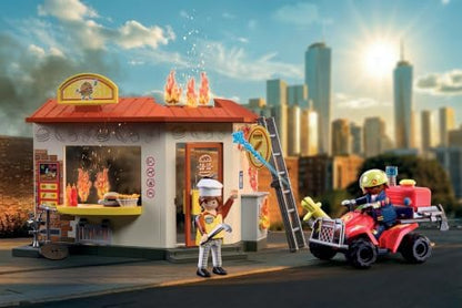 Playmobil | City Action | Quadriciclo de Bombeiro com Quiosque de Hambúrguer | Quadriciclo de emergência compacto com função de jato de água, quiosque de lanches em chamas e muitos acessórios | Para crianças a partir de 4 anos | 72195