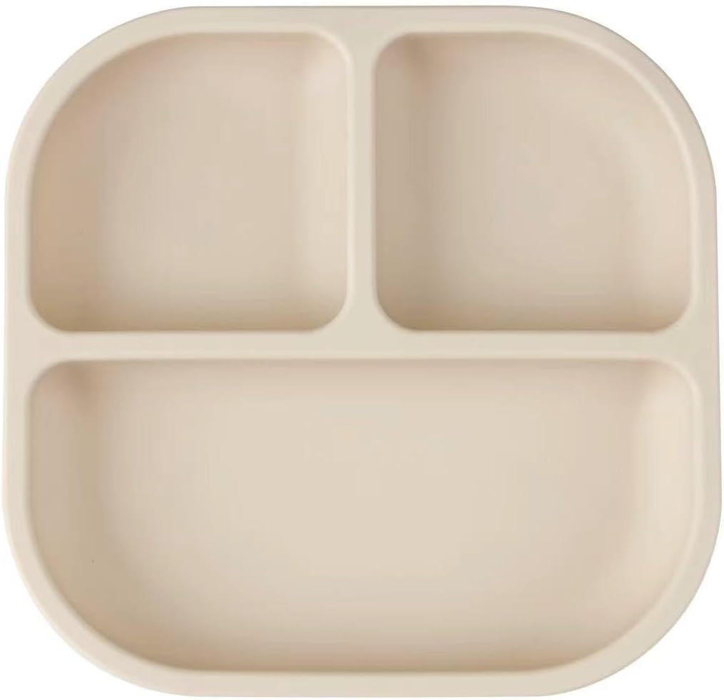 PandaEar Conjunto de 3 Pratos com Ventosa para Bebês, com Colheres, Pratos de Silicone para Crianças, Prato Dividido Inquebrável com Ventosa, Antiderrapante, Atóxico e Livre de BPA (Marrom Acinzentado Cremoso)