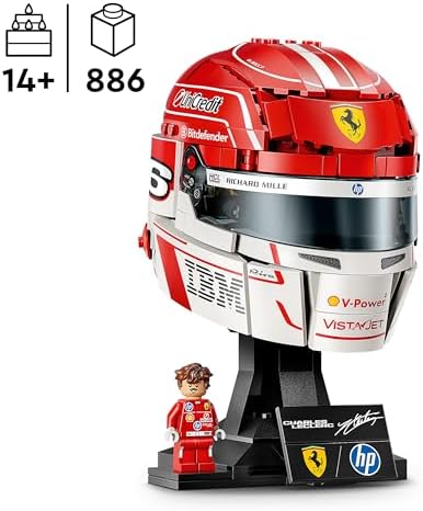 LEGO Capacete Editions Scuderia Ferrari HP Charles Leclerc - Produto Oficial de F1 - Kit de Modelo para Exibição com Minifigura Colecionável - Presente para Meninos a partir de 14 Anos e Fãs Adultos de Automobilismo - 43014