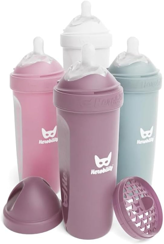 Herobility Mamadeiras anticólicas 340ml - Pacote com 4 mamadeiras de plástico, fluxo lento, bico em formato de seio para bebês amamentados - Multicores: branco, cinza, rosa e rosa espinheiro