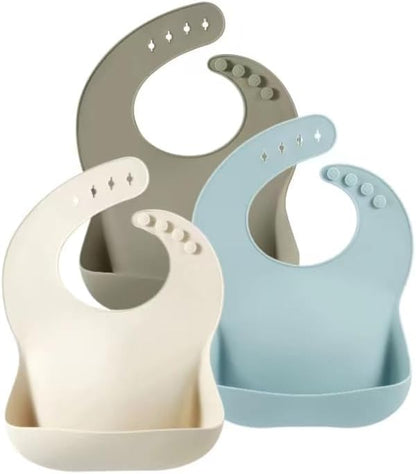 PandaEar Conjunto de 3 Babadores de Silicone para Bebês, Impermeáveis, Tamanhos de 6 a 18 meses, Ideais para a Introdução Alimentar, Babadores Ajustáveis para Alimentação com Bolso Grande para Coletar Alimentos, Livres de BPA