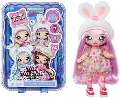 Na! Na! Na! Surpresa Doces Mais Doces - Coelhinha Bailey - Boneca Fashion Macia de 19 cm - Boneca Articulada com Visual de Coelhinha, Sapatos e Escova - Embalagem Misteriosa, Surpresa de Confete - para Crianças a partir de 5 Anos