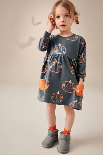 |Niña| Vestido de Halloween de manga larga 100% algodón gris antracita (3 meses a 7 años)