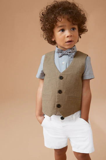 |Boy| Conjunto De Colete, Camisa, Short e Gravata Borboleta Marrom Claro (3 meses a 9 anos)