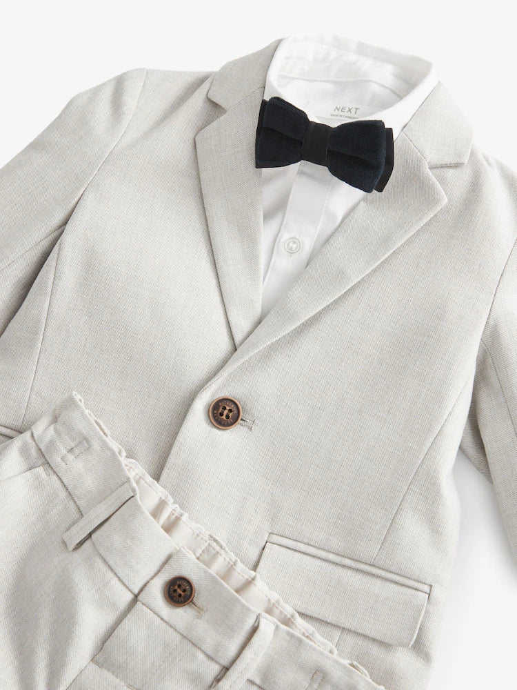 |Boy| Conjunto De Blazer, Camisa, Calça e Gravata Borboleta Neutros Com Linho (3 meses a 9 anos)