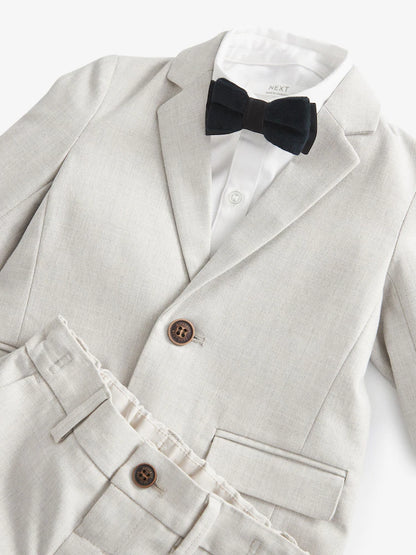 |Boy| Conjunto De Blazer, Camisa, Calça e Gravata Borboleta Neutros Com Linho (3 meses a 9 anos)