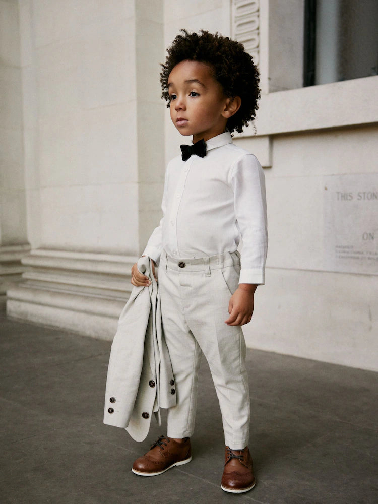 |Boy| Conjunto De Blazer, Camisa, Calça e Gravata Borboleta Neutros Com Linho (3 meses a 9 anos)