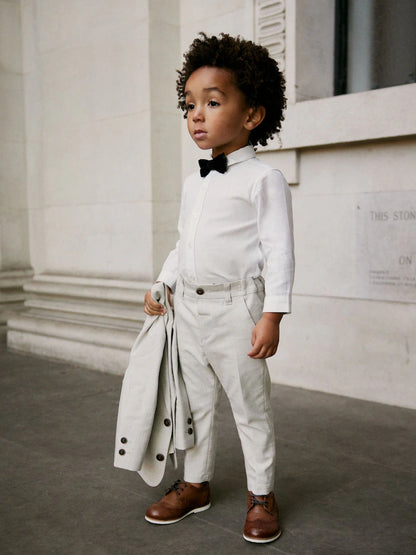 |Boy| Conjunto De Blazer, Camisa, Calça e Gravata Borboleta Neutros Com Linho (3 meses a 9 anos)