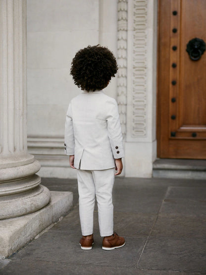 |Boy| Conjunto De Blazer, Camisa, Calça e Gravata Borboleta Neutros Com Linho (3 meses a 9 anos)