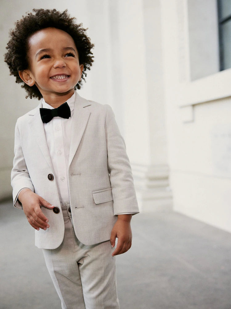 |Boy| Conjunto De Blazer, Camisa, Calça e Gravata Borboleta Neutros Com Linho (3 meses a 9 anos)