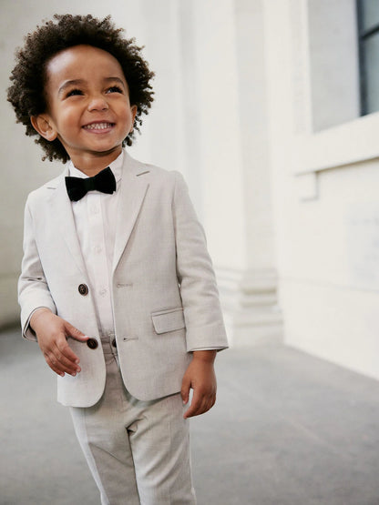 |Boy| Conjunto De Blazer, Camisa, Calça e Gravata Borboleta Neutros Com Linho (3 meses a 9 anos)