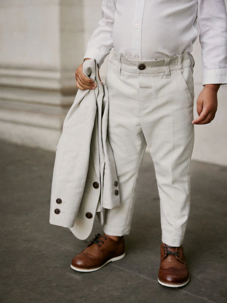 |Boy| Conjunto De Blazer, Camisa, Calça e Gravata Borboleta Neutros Com Linho (3 meses a 9 anos)