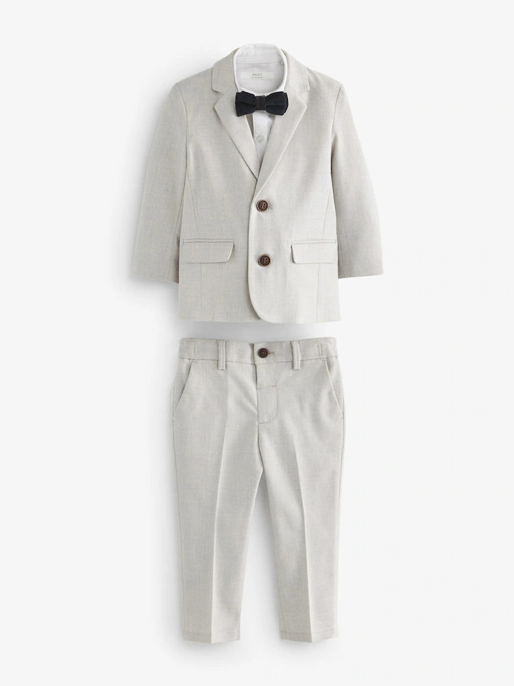 |Boy| Conjunto De Blazer, Camisa, Calça e Gravata Borboleta Neutros Com Linho (3 meses a 9 anos)