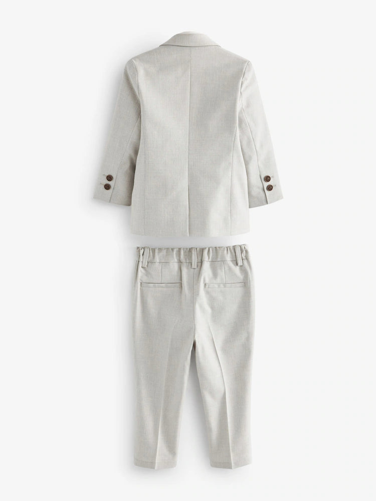 |Boy| Conjunto De Blazer, Camisa, Calça e Gravata Borboleta Neutros Com Linho (3 meses a 9 anos)