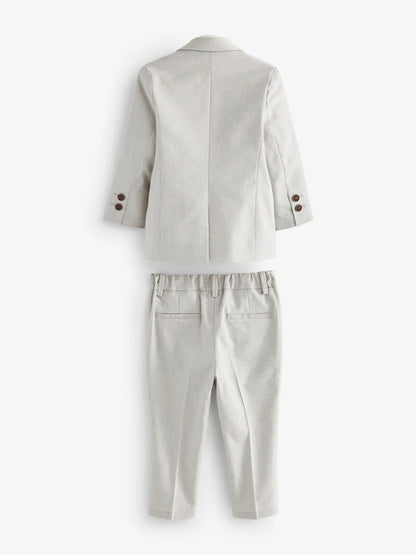 |Boy| Conjunto De Blazer, Camisa, Calça e Gravata Borboleta Neutros Com Linho (3 meses a 9 anos)