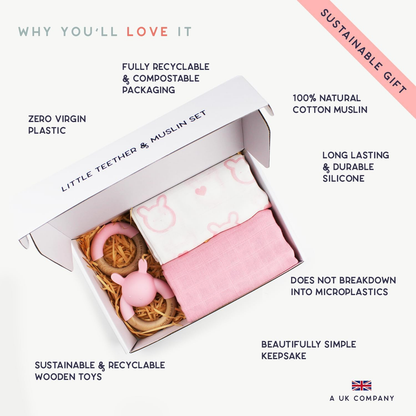 Little Giggles Co.® Conjunto de Brinquedos para Bebé – Inclui chocalho sensorial, anel de dentição calmante e panos grandes de musselina macia 100% algodão. Essenciais para recém-nascidos e ideia perfeita de presente para chá de bebé.