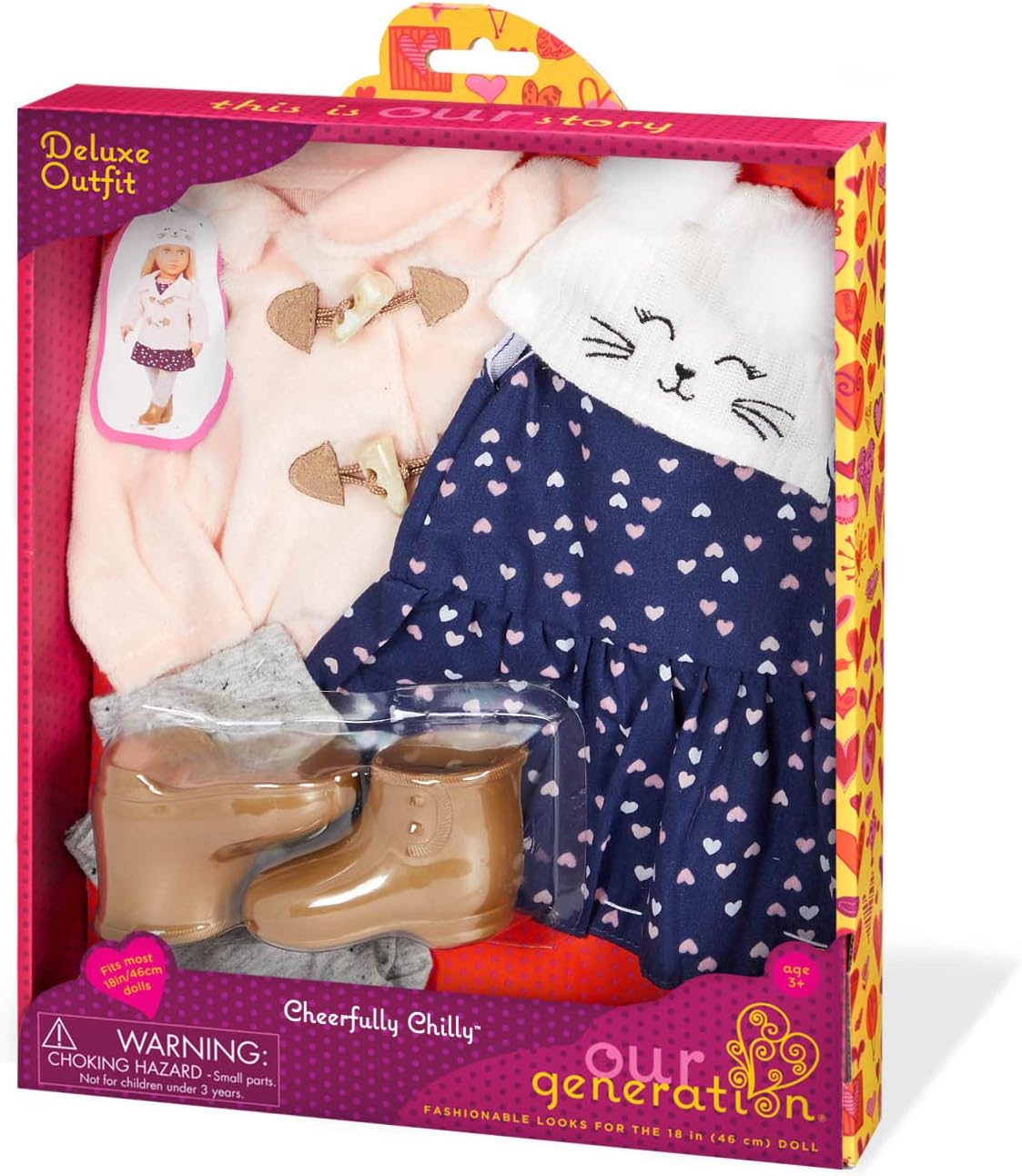 Our Generation - Conjunto de roupas alegres e relaxantes para o inverno - Conjunto de roupas de luxo aconchegante com chapéu de gatinho para bonecas de 45 cm - Conjunto de 5 peças