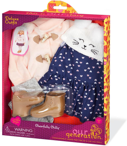 Our Generation - Conjunto de roupas alegres e relaxantes para o inverno - Conjunto de roupas de luxo aconchegante com chapéu de gatinho para bonecas de 45 cm - Conjunto de 5 peças