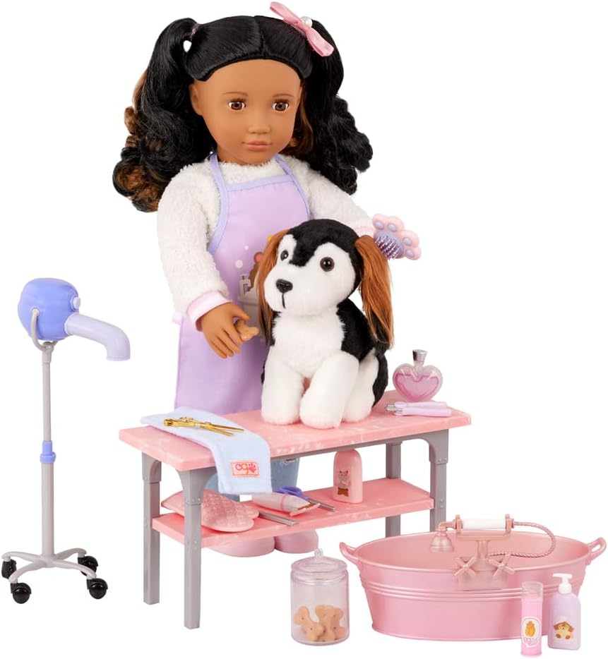 Kit de higiene para animais de estimação Our Generation para bonecas de 46 cm - com mesa de higiene, tabuleiro de lavagem e acessórios - Conjunto de higiene para animais de estimação Scrub & Style