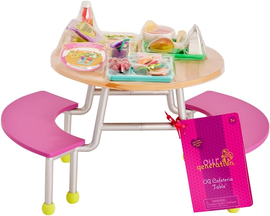 A Nossa Geração - Conjunto de Mesa de Cafetaria para Bonecas de 46 cm - Móveis para Bonecas - Com Mais de 20 Alimentos e Acessórios de Brinquedo - Perfeito para Cenas Escolares e Brincadeiras Criativas - Mesa de Cafetaria
