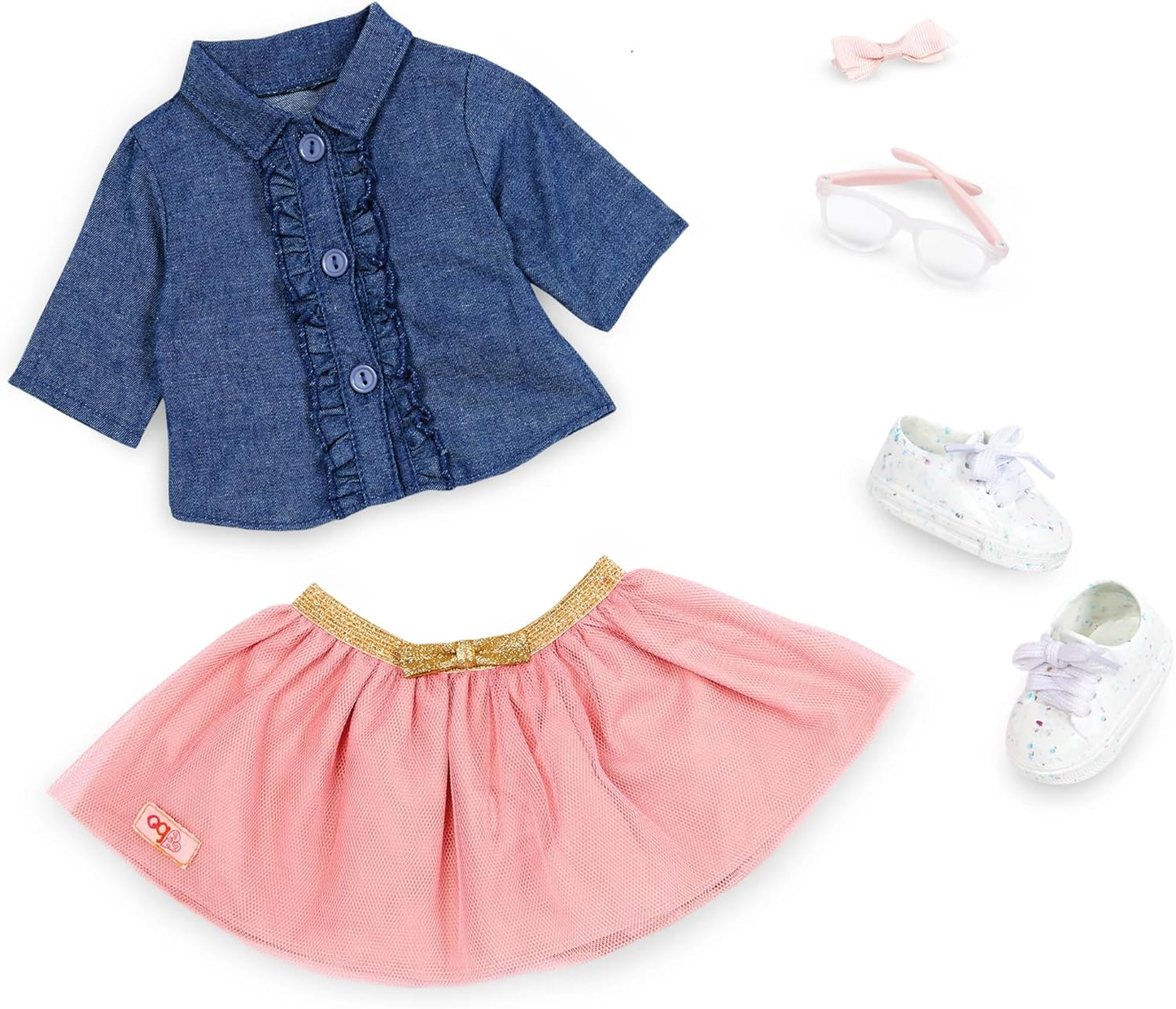 Our Generation Emily Girl Doll - Boneca de planeamento de festas de 45 cm com vestido rosa fofo, blusa de ganga da moda, corpo macio e fofinho, óculos estilosos, para maiores de 3 anos