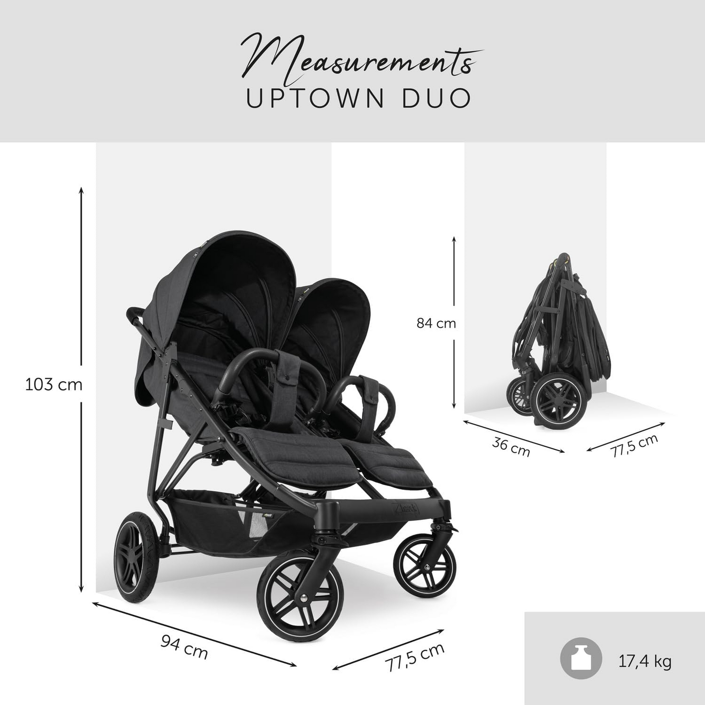 hauck Uptown Duo, Preto - Carrinho de bebé duplo lado a lado com capa de chuva, rodas de borracha e suporte para copos, totalmente reclinável desde o nascimento até aos 15 kg cada criança, 77 cm de largura, dobrável compacto, cesto de arrumação XL