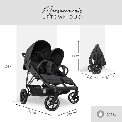 hauck Uptown Duo, Preto - Carrinho de bebé duplo lado a lado com capa de chuva, rodas de borracha e suporte para copos, totalmente reclinável desde o nascimento até aos 15 kg cada criança, 77 cm de largura, dobrável compacto, cesto de arrumação XL
