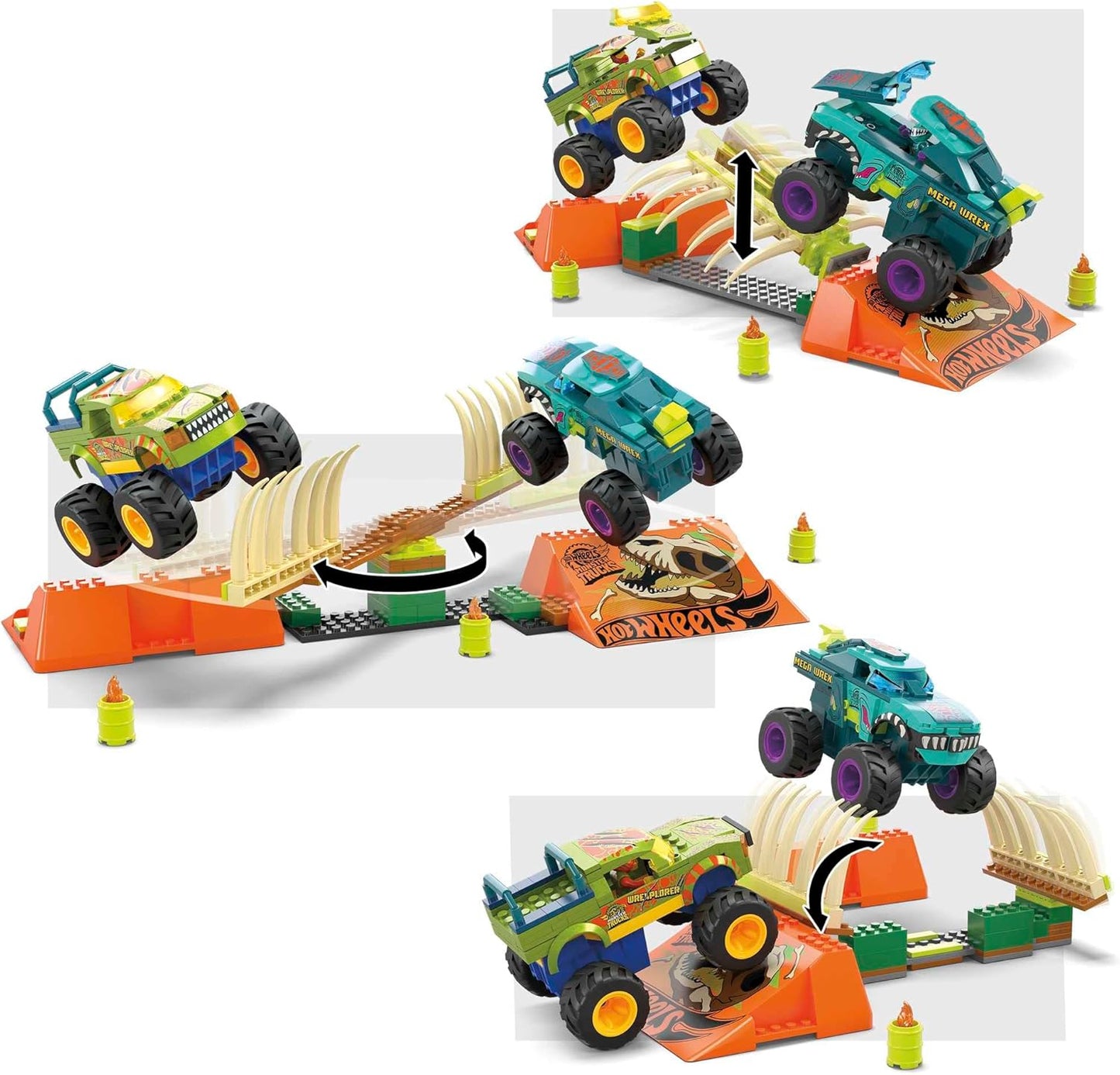 Mega Hot Wheels Monster Trucks Building Toy, Smash & Crash Wrex Boneyard Stunt Course com 332 peças, 2 figuras e 2 rampas, crianças de 5 anos ou mais, HKF89
