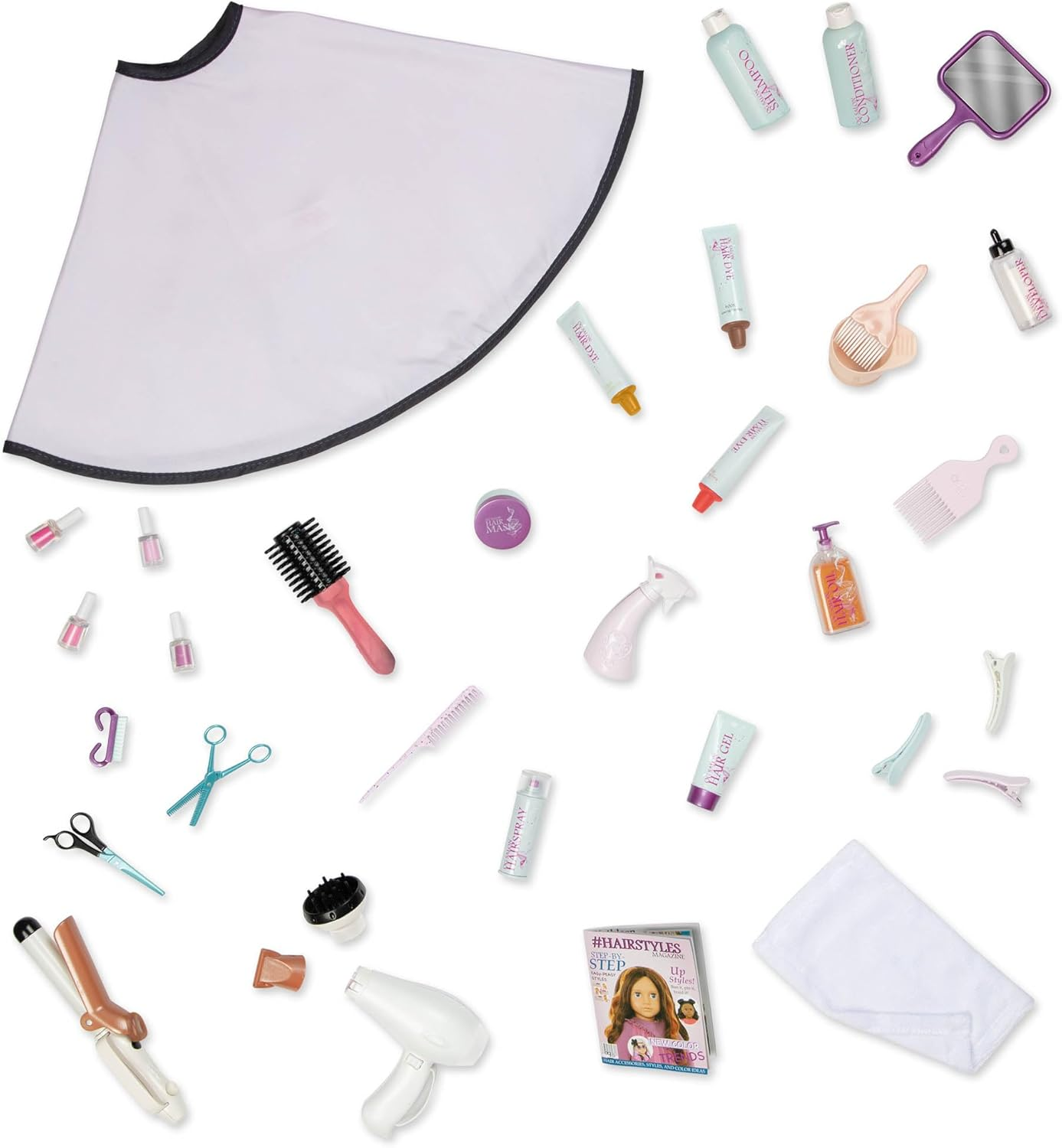 Salão de beleza Our Generation sobre rodas – Conjunto de reboque com tema de salão de beleza dobrável – Conjunto de salão de cabeleireiro com 35 peças