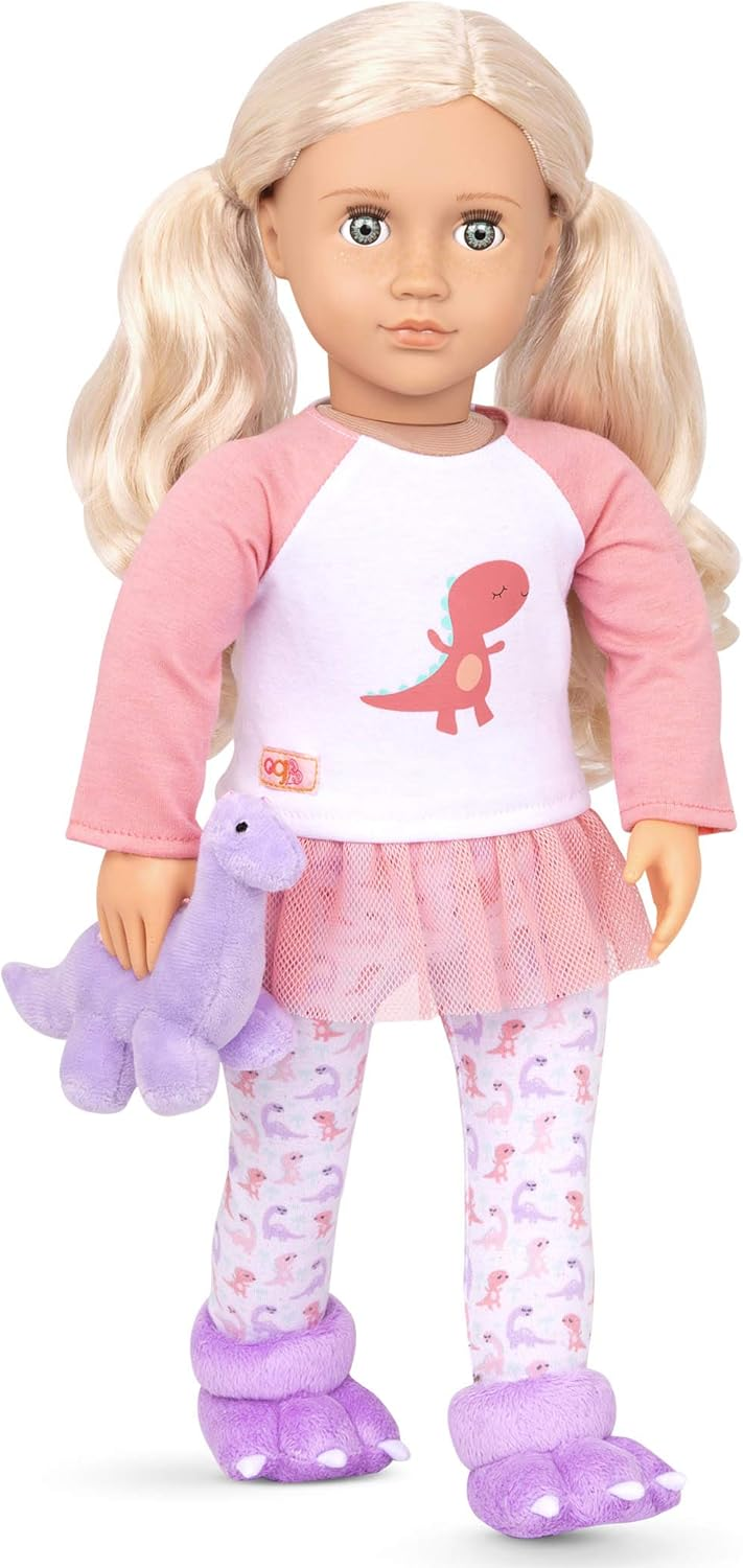 A Nossa Geração Sonhe Brilhante, Durma Bem - Conjunto de Pijama com Estampado Dinossauro Incluindo Brinquedo de Peluche Dino para Bonecas de 18 Polegadas - Conjunto de 4 Peças