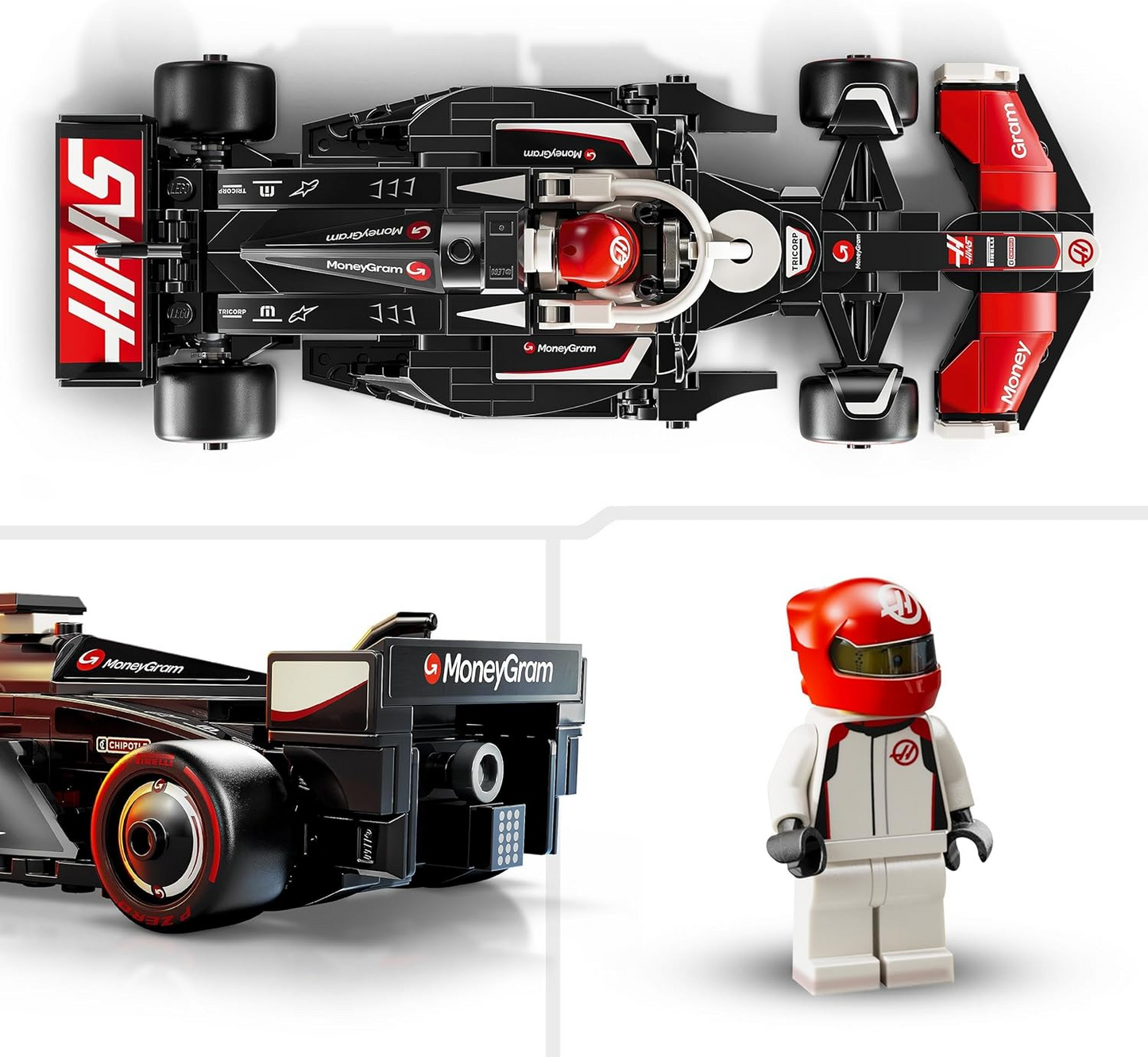 LEGO Speed Champions MoneyGram Haas F1 Team VF-24 Race Car Toy com uma minifigura colecionável de piloto de Fórmula 1 - Kits de modelos para meninos e meninas de 10 anos ou fãs adultos de automobilismo 77250