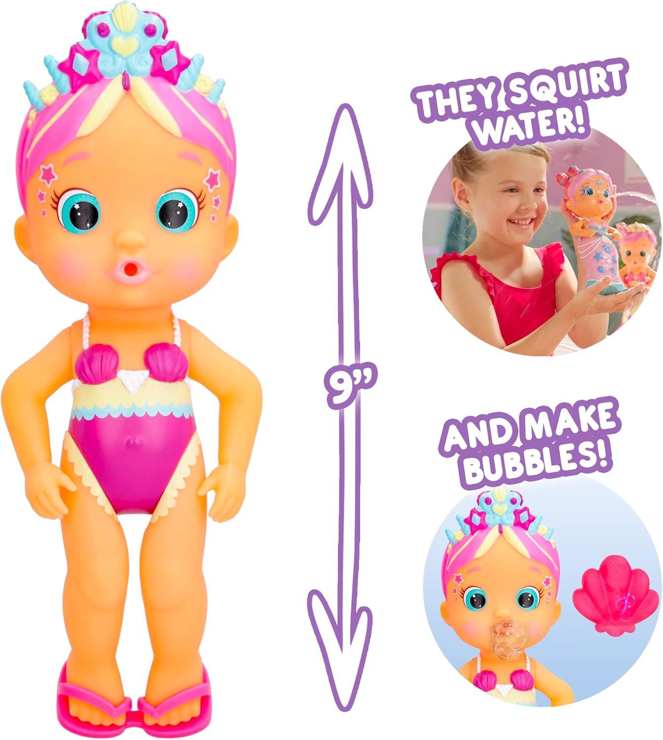 BLOOPIES Magic Tail Mermaids Boneca Millie Mermaid com cauda brilhante removível e o seu amigo marinho; Esguicha água e faz bolhas - Brinquedo de banho e brincadeira para meninos e meninas