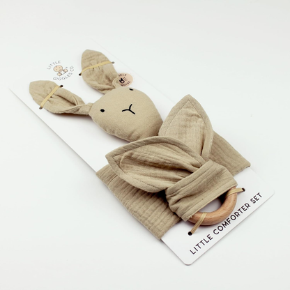 Little Giggles Co.® Bunny Baby Comforter - Edredão de musselina de algodão macio, manta de segurança e brinquedo sensorial em bege natural - presentes neutros para bebés recém-nascidos