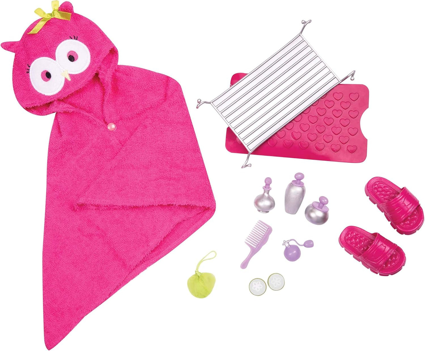 Our Generation - Banheira rosa com acessórios - Acessórios para bonecas de 46 cm, com tapete de banho, toalha de coruja rosa e acessórios de banho - a partir dos 3 anos - 45416