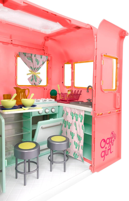 A Nossa Geração – Trailer de Campismo – Acessórios de Cozinha e Cozinha – Veículo para Bonecas de 18 Polegadas – Brincadeira de Faz de Conta – Brinquedos para Crianças a partir dos 3 anos – Trailer R.V. Seeing You (Rosa)