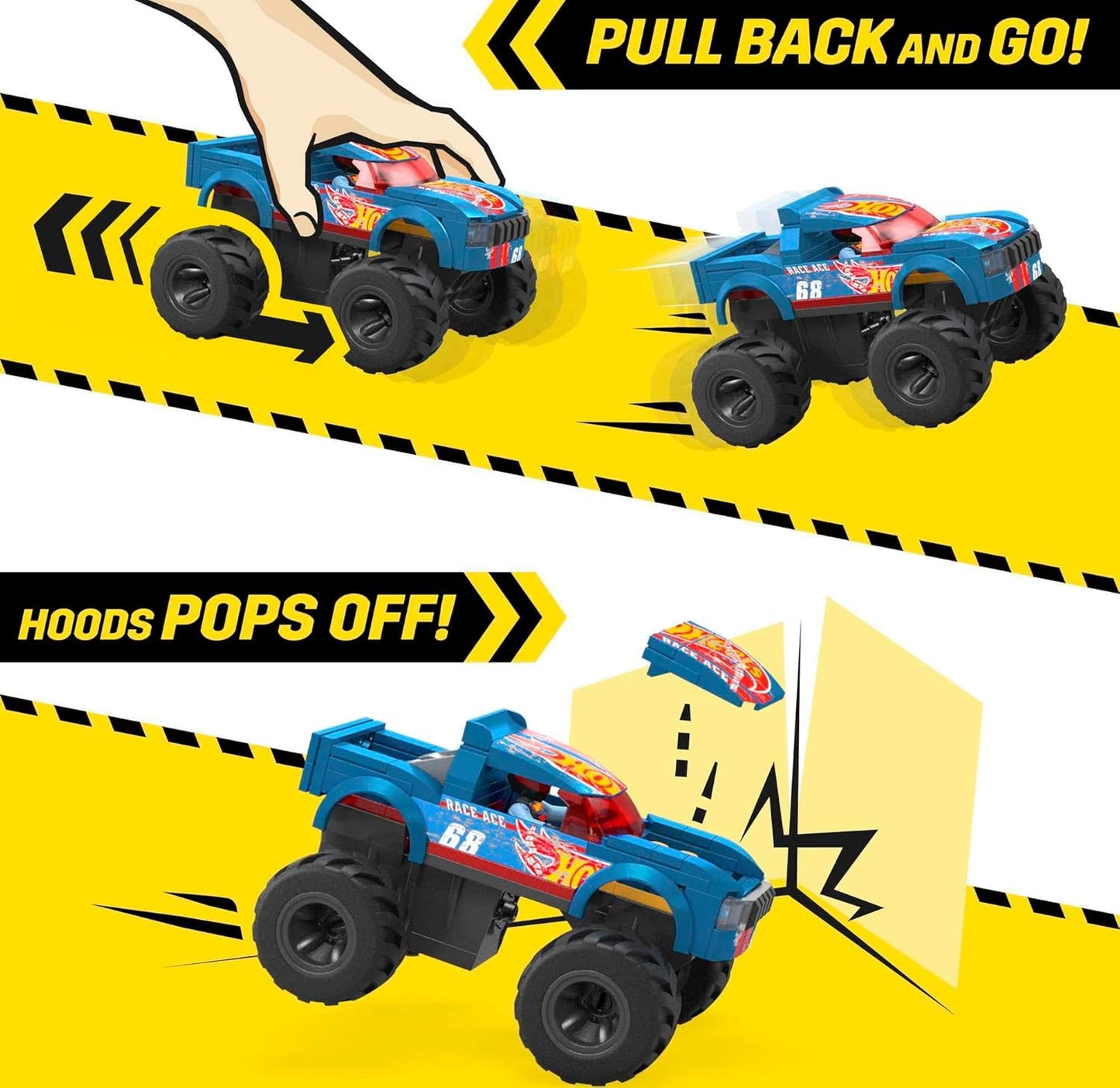 MEGA Hot Wheels Monster Trucks Building Toy Car, Smash and Crash Race Ace com 85 peças, 1 micro driver de figura de acção, azul, crianças de 5 anos ou mais, HMM49