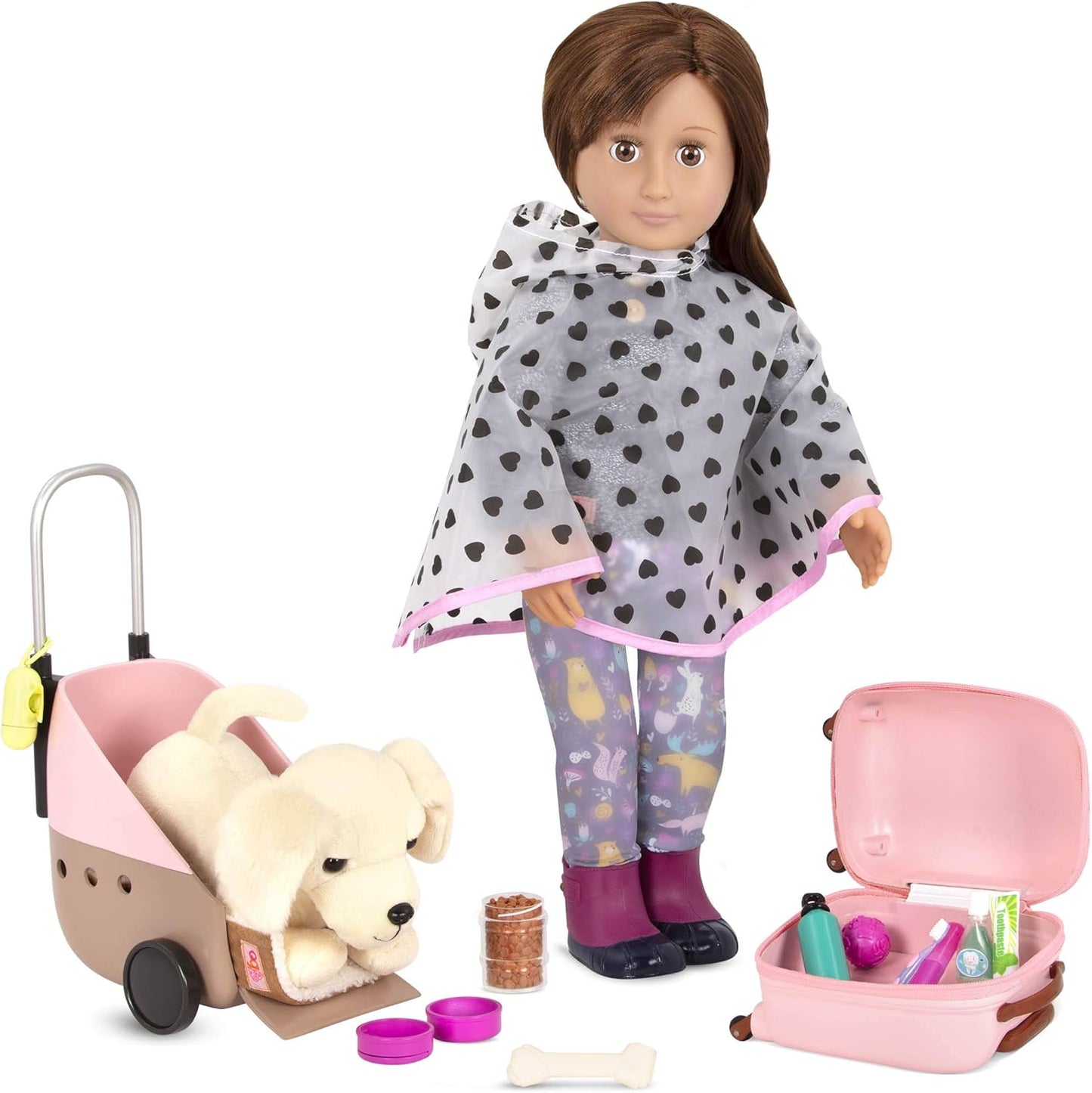 O nosso conjunto de animais de estimação passageiros da geração – Conjunto de acessórios de viagem para animais de estimação ao ar livre para bonecas de 45 cm – Conjunto de 13 peças