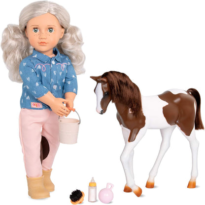 Boneca Yanira de 46 cm com potro de estimação da Our Generation, conjunto de boneca e animal de estimação para crianças, conjunto de brincadeira de faz de conta com potro, balde, biberão e outros acessórios para crianças a partir dos 3 anos