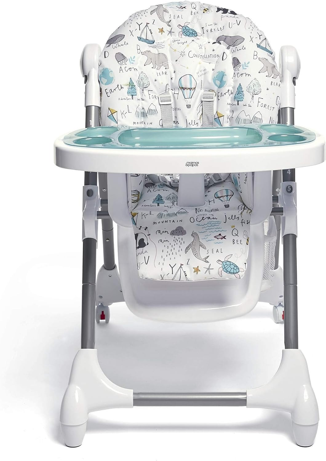 Cadeira de refeição ajustável Mamas & Papas Snax, reclinável, dobrável com tabuleiro amovível, Happy Planet