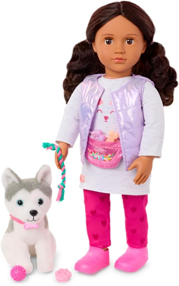 Our Generation – Boneca de 45 cm e conjunto de cãozinho de estimação – Olhos castanho-escuros realistas e cabelo castanho-escuro ondulado – Peluche Husky Dog e acessórios – Brincadeira de faz de conta – Estella e Evi